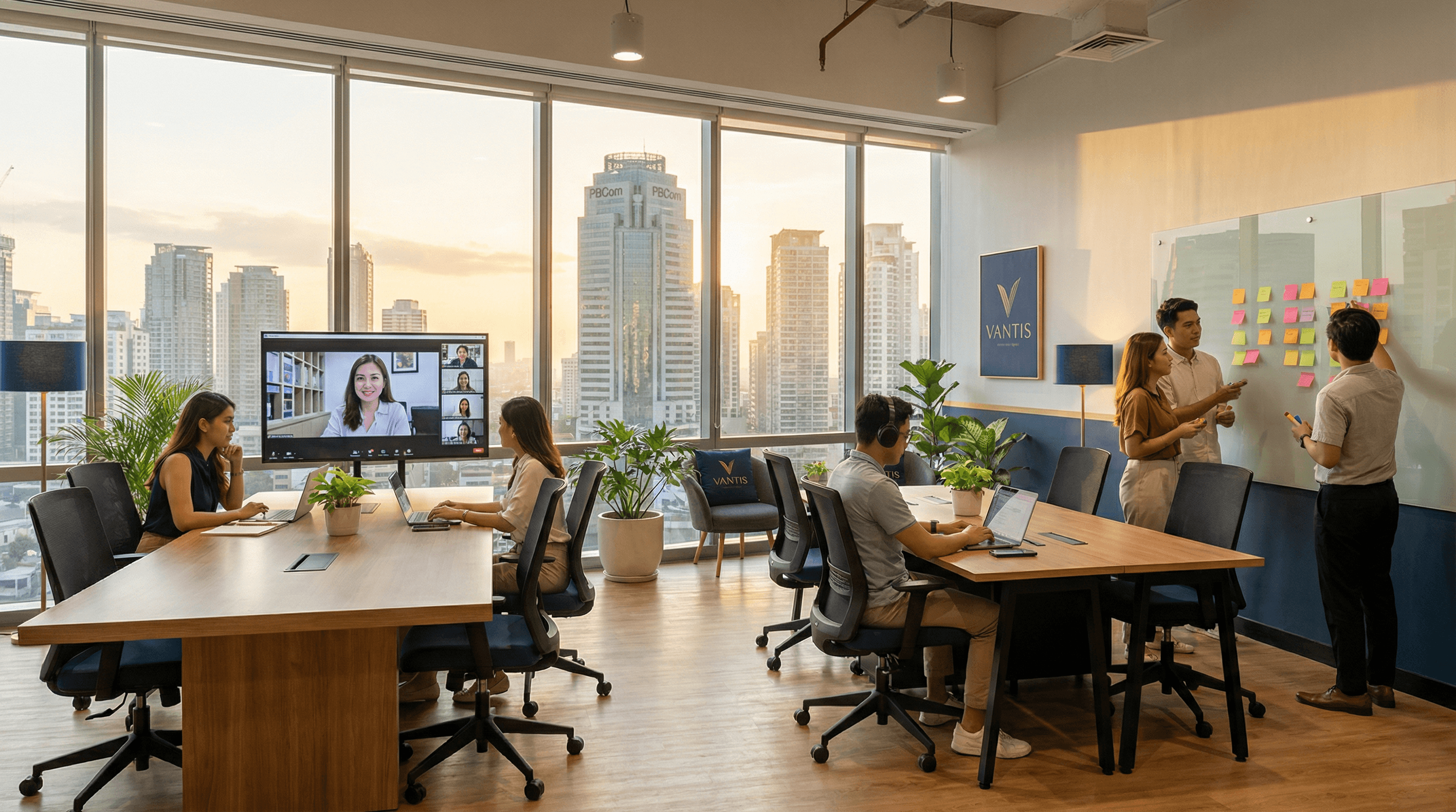 A modern, sunlit coworking space overlooking the Makati skyline at golden hour, with hybrid workers collaborating at hot desks and a conference table surrounded by greenery and ergonomic furniture, reflecting VANTIS’ focus on productivity and well-being.(see the generated image above)