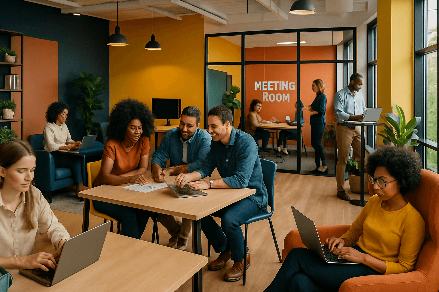 A diverse group of people working and collaborating with laptops in a colorful, modern office space.