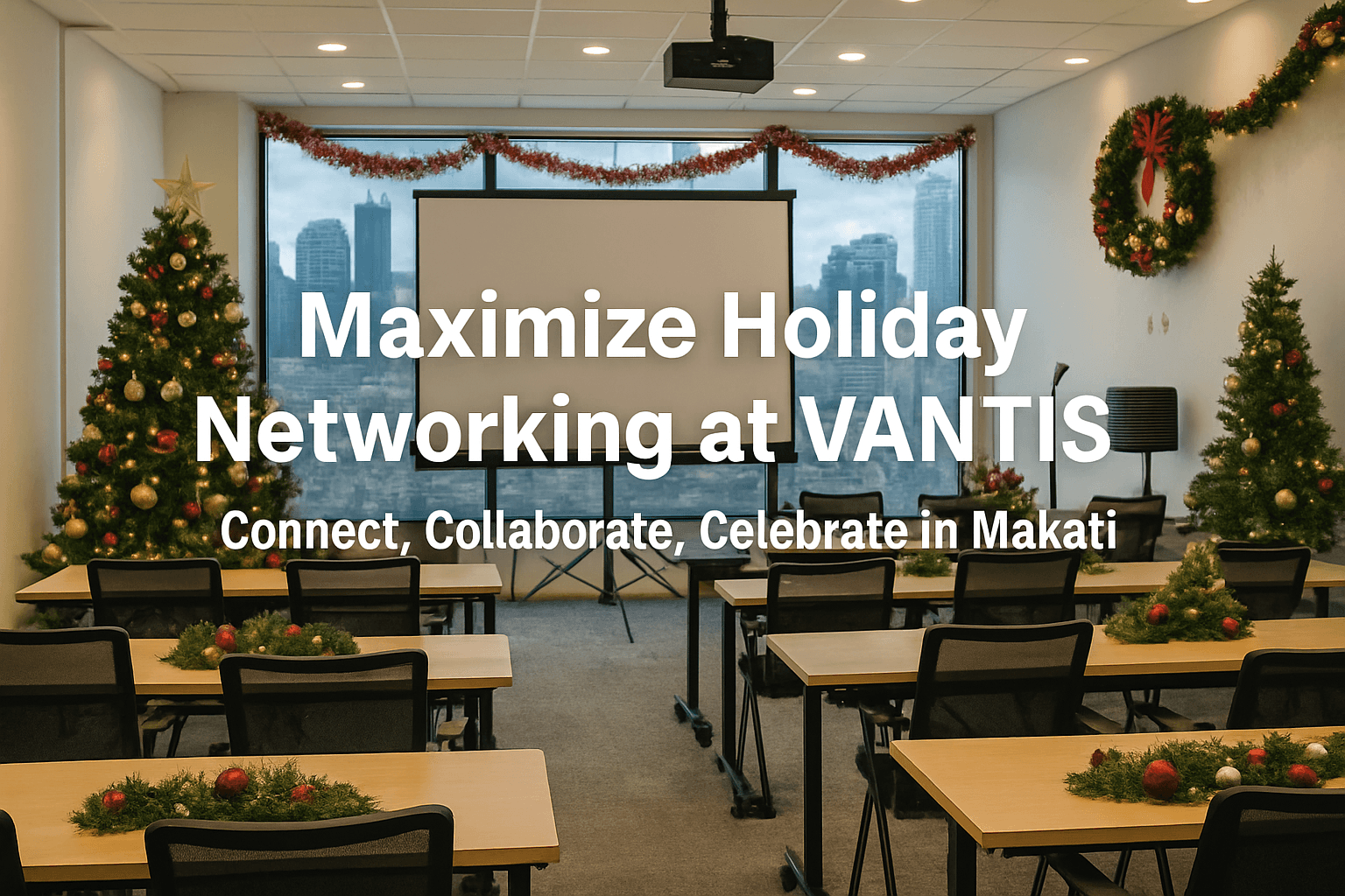 Christmas-decorated meeting room with a projection screen and desks, overlaid with text: "Maximize Holiday Networking at VANTIS. Connect, Collaborate, Celebrate in Makati."A blank placeholder indicating where an image should be displayed, with no visible content or description provided.