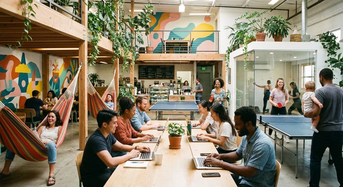 A diverse group of people in a modern, open-plan office with areas for working, relaxing in hammocks, and playing ping-pong.