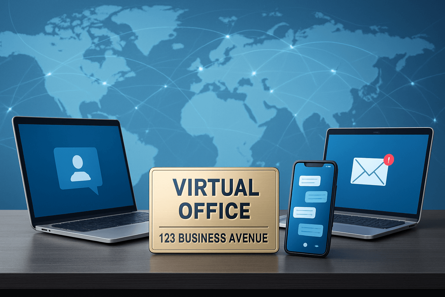 Golden "Virtual Office" sign on a desk, flanked by laptops showing chat and email icons and a smartphone, against a global network map.