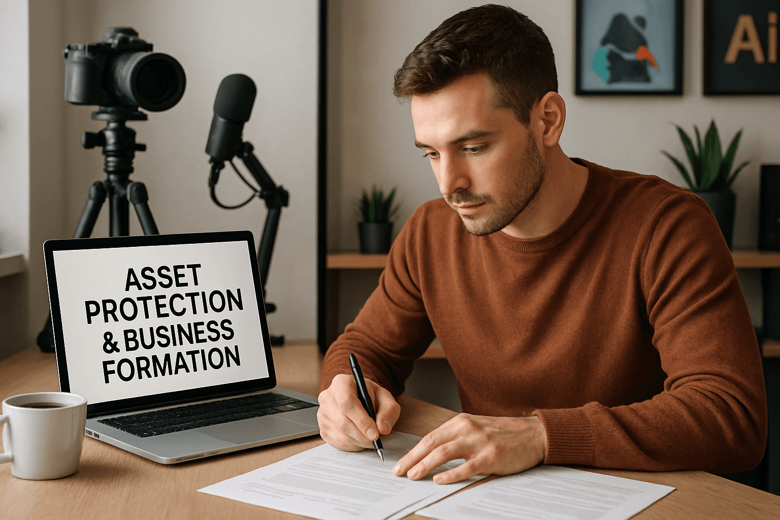 Man signing documents with a laptop displaying "ASSET PROTECTION & BUSINESS FORMATION".