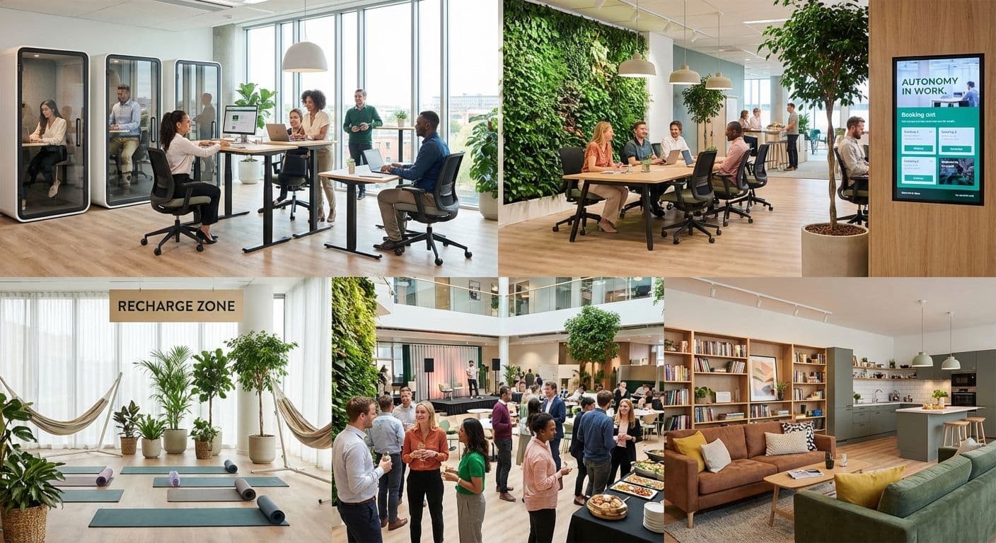 Modern office environment featuring flexible workspaces, individual soundproof pods, a green living wall meeting room, a wellness "Recharge Zone," and a lounge with a kitchen.