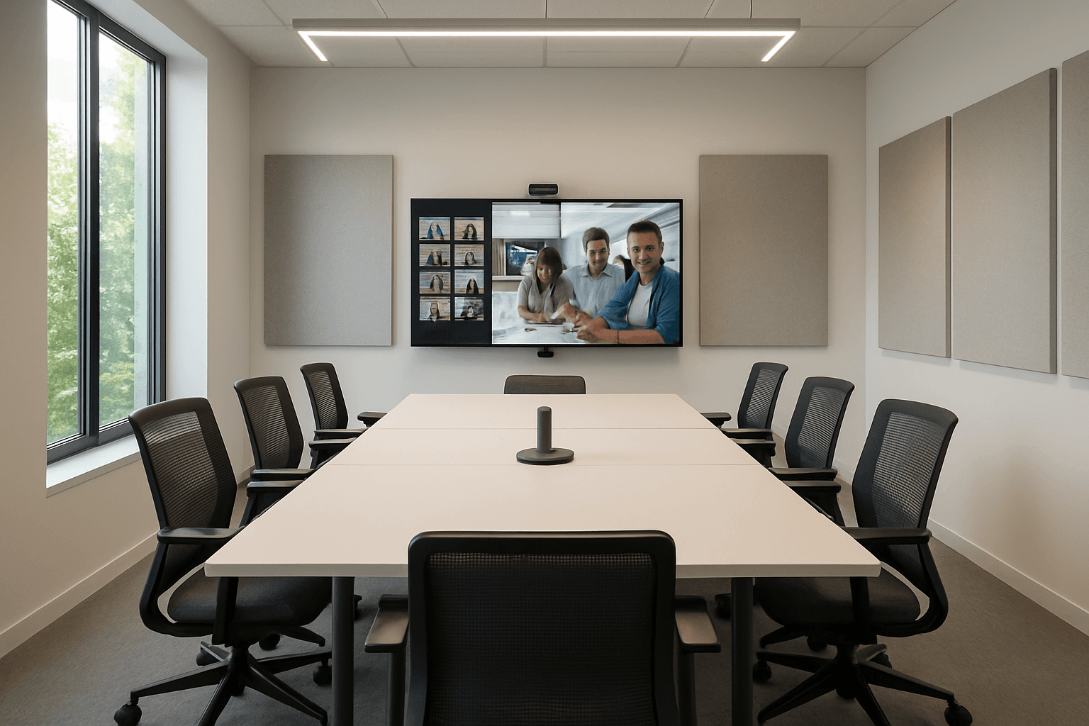 A modern conference room with a large screen displaying a video call, a long white table, and black chairs.