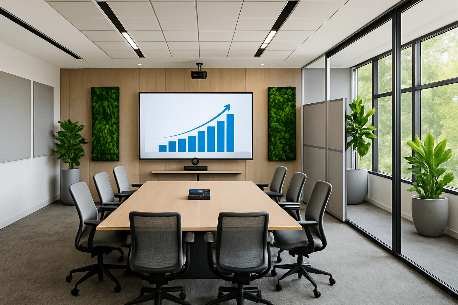 A modern conference room with a large screen displaying an upward-trending bar graph, a long wooden table, chairs, and potted plants by large windows.
