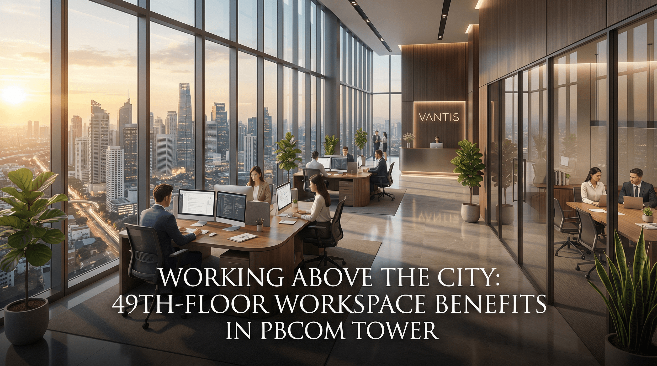 A premium 49th-floor coworking space in PBCom Tower overlooking the Makati skyline, with professionals working at ergonomic desks and glass-walled meeting rooms in a bright, calm, plant-filled environment.(see the generated image above)
