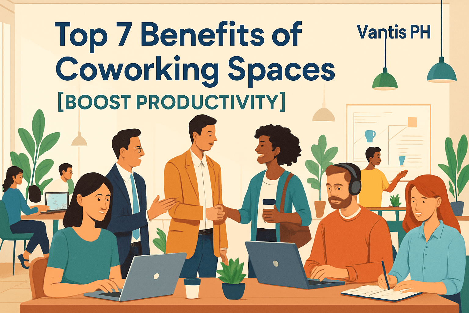 Illustration of a lively coworking space featuring diverse professionals collaborating and engaging in various activities. The scene includes elements symbolizing cost-effectiveness, flexibility, networking, productivity, amenities, community support, and work-life balance. The environment is vibrant and dynamic, embodying a high-performance and transformative atmosphere associated with Vantis PH, with text reading 'Top 7 Benefits of Coworking Spaces | Boost Productivity | Vantis PH'.