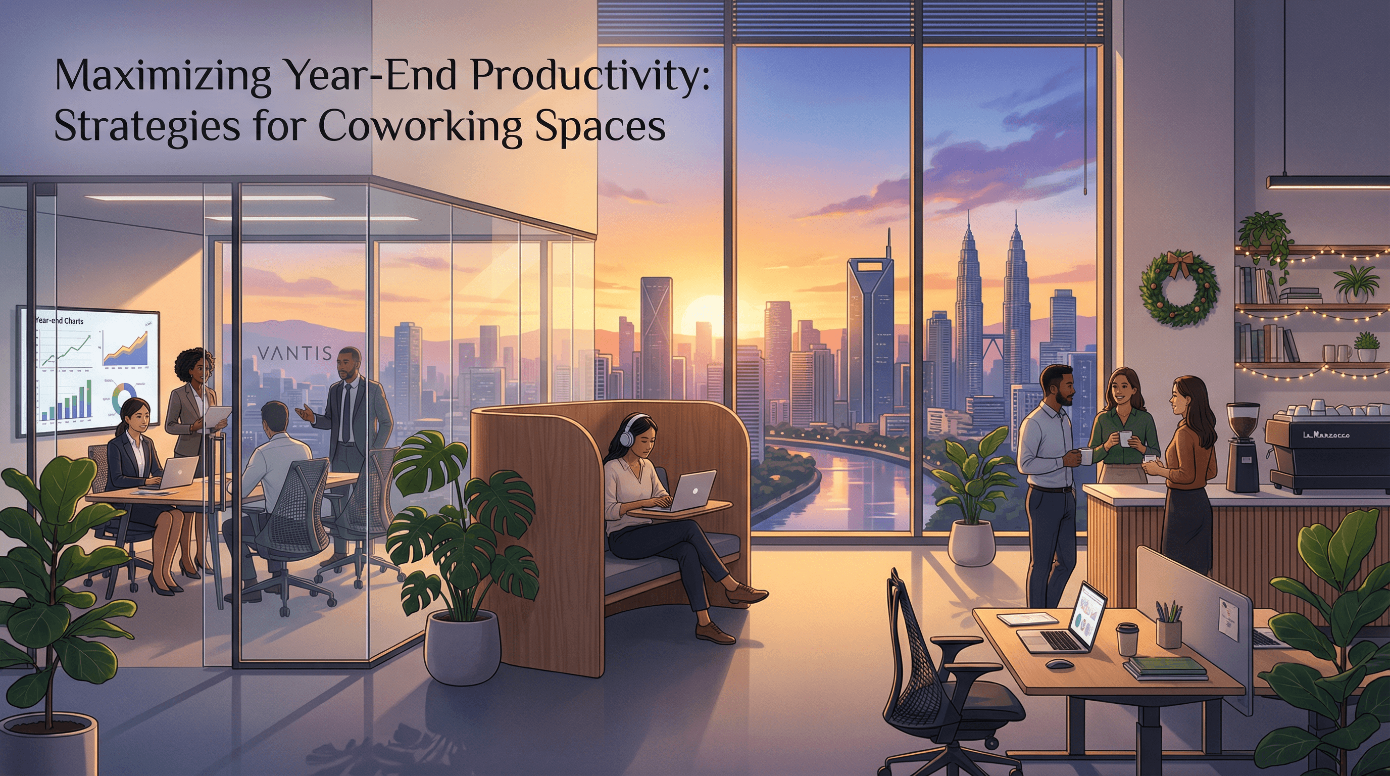 A modern premium coworking space in Makati at sunset, with professionals working in glass-walled meeting rooms and quiet desks, city skyline views, warm lighting, plants, and subtle year-end holiday decor that emphasizes focus and productivity.