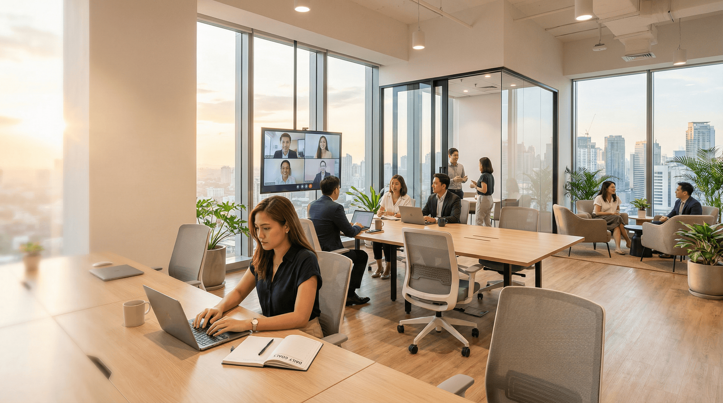 Hero image showing a bright, modern coworking space at sunset, with professionals focused at desks, meeting rooms, and lounge areas overlooking the Makati skyline.